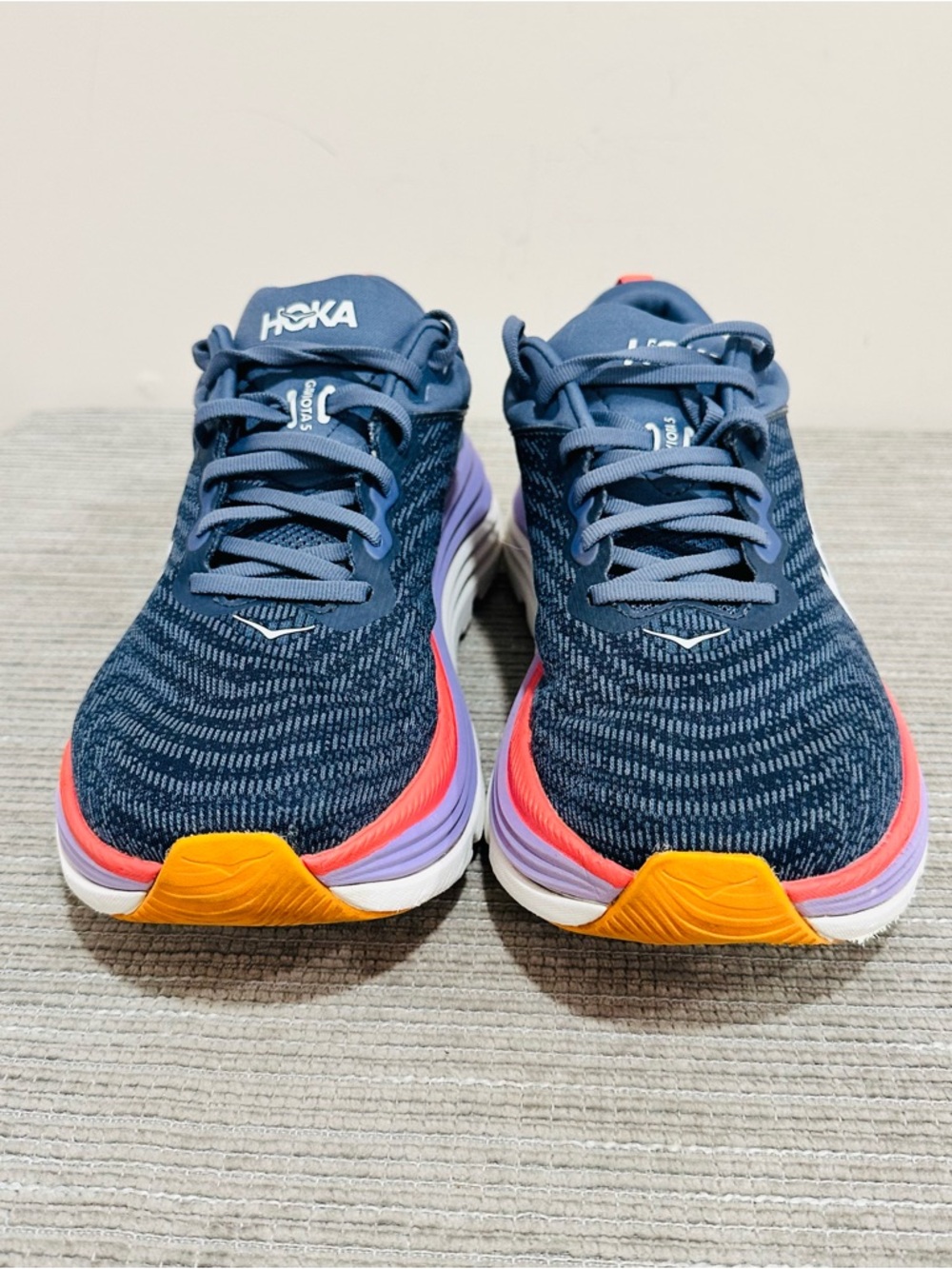 Hoka Women's Navy Sneakers with Purple and Coral Accents - Picture 2 of 9
